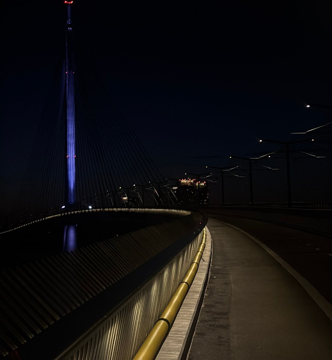 The cable-stayed bridge pylon lit blue at night, seen along the walkway.